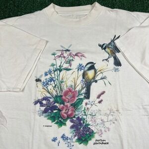 Vintage Habitat Nature Flowers Bird Single Stitch T-Shirt Mens XL White 90s